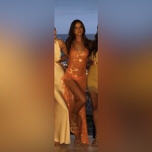 Delfi Collective Orange Sheer Lara Long Dress Size Medium High Slit